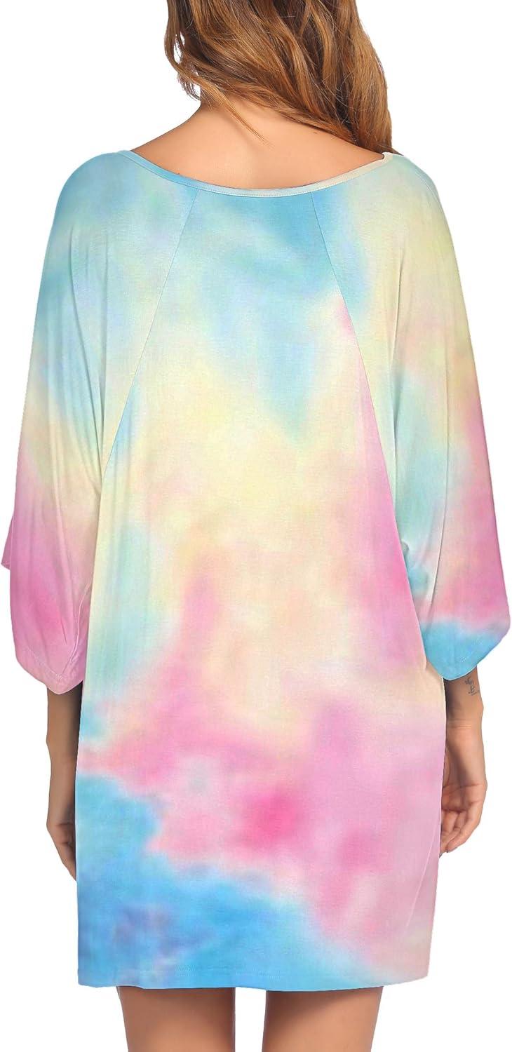 imageEkouaer Womens Sleepshirt Deep V Neck Nightgown Batwing Nightshirt Oversized SleepwearBlue Pink Tie Dye