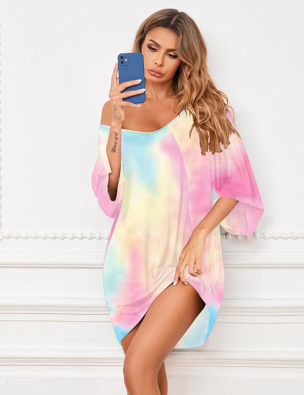imageEkouaer Womens Sleepshirt Deep V Neck Nightgown Batwing Nightshirt Oversized SleepwearBlue Pink Tie Dye