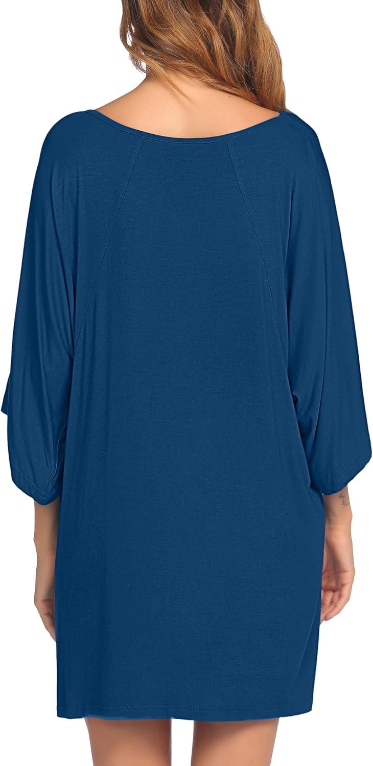 imageEkouaer Womens Sleepshirt Deep V Neck Nightgown Batwing Nightshirt Oversized SleepwearBlue1