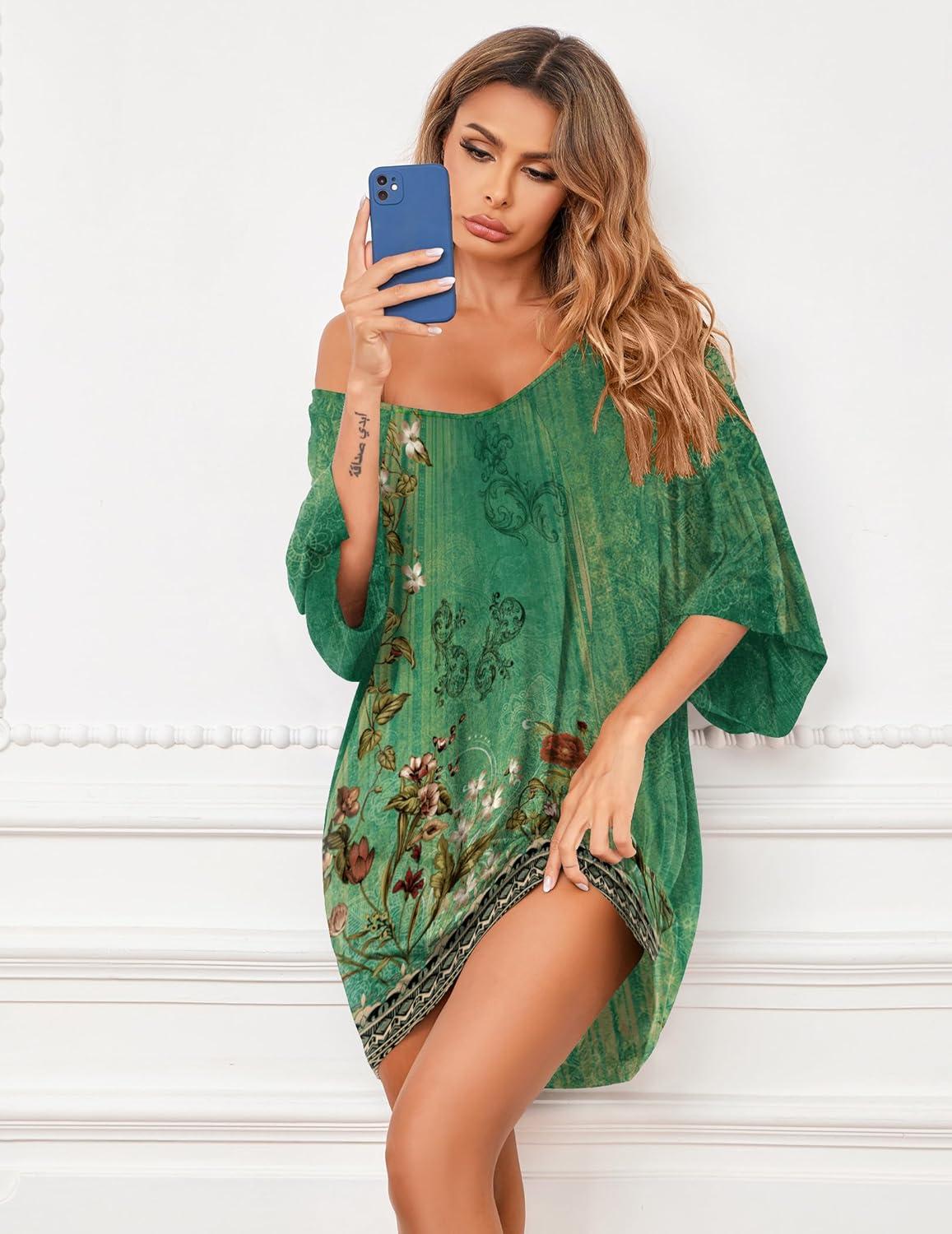 imageEkouaer Womens Sleepshirt Deep V Neck Nightgown Batwing Nightshirt Oversized SleepwearGreen Flower