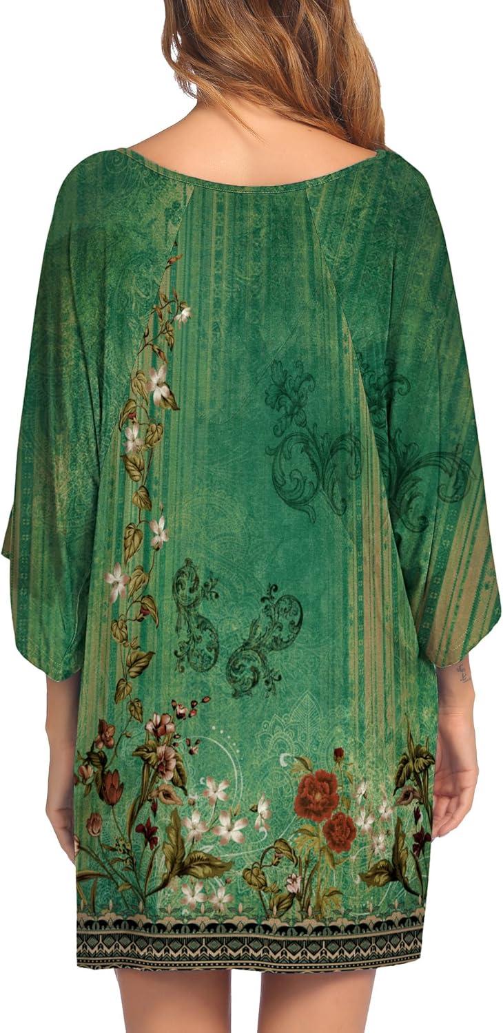 imageEkouaer Womens Sleepshirt Deep V Neck Nightgown Batwing Nightshirt Oversized SleepwearGreen Flower