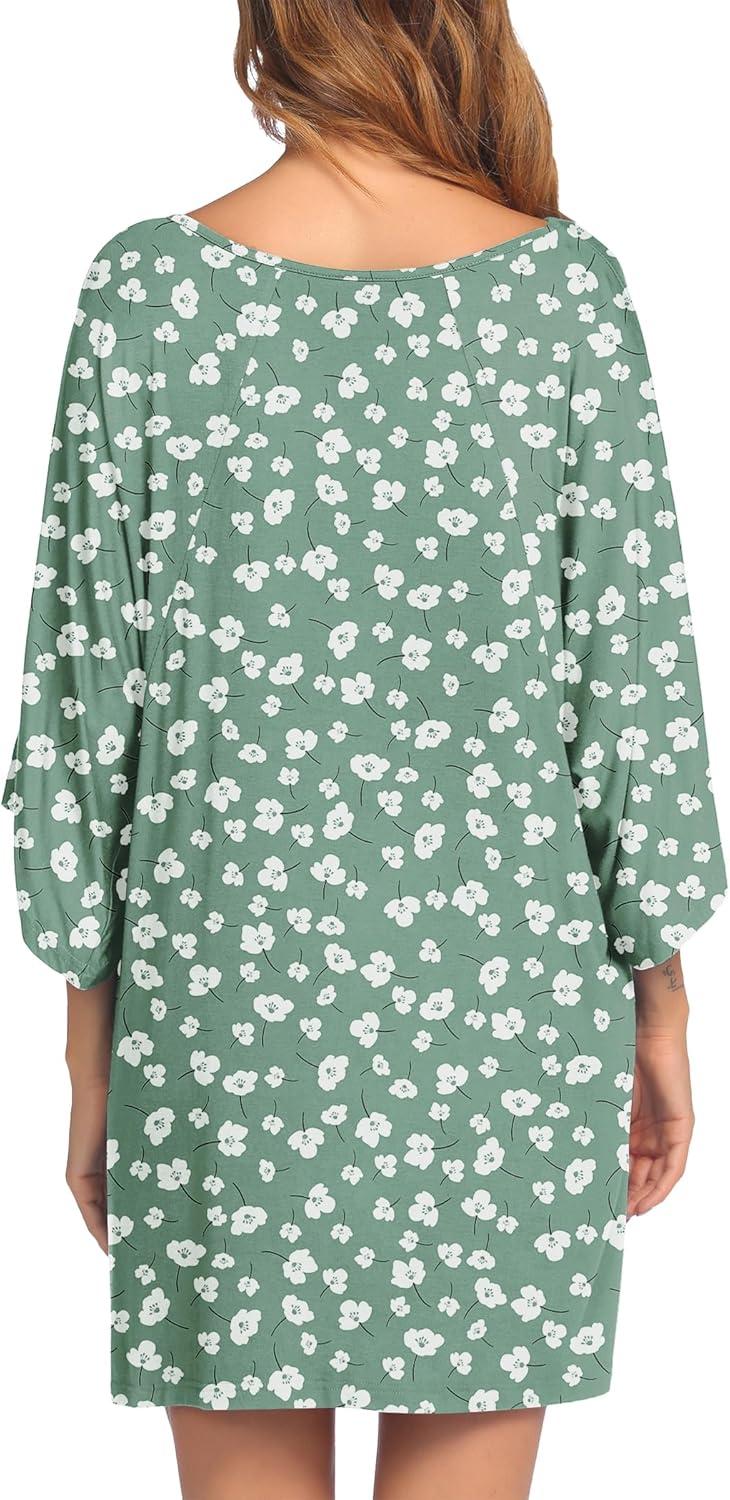 imageEkouaer Womens Sleepshirt Deep V Neck Nightgown Batwing Nightshirt Oversized SleepwearGreen White Flower