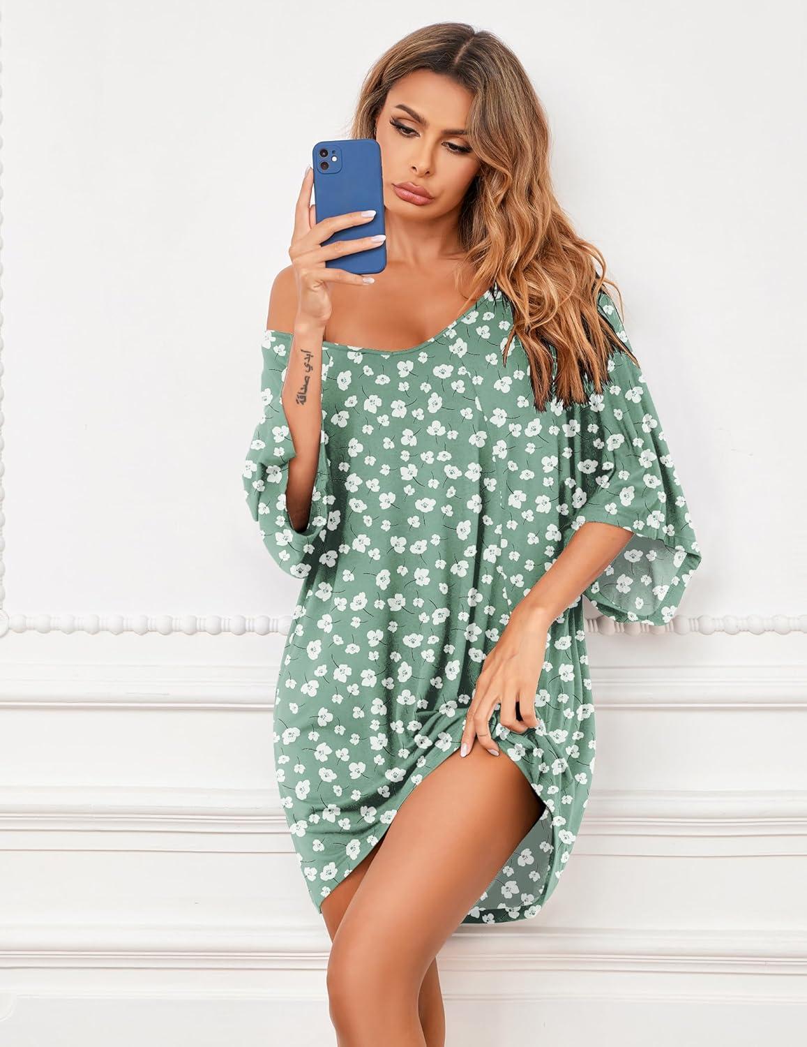 imageEkouaer Womens Sleepshirt Deep V Neck Nightgown Batwing Nightshirt Oversized SleepwearGreen White Flower