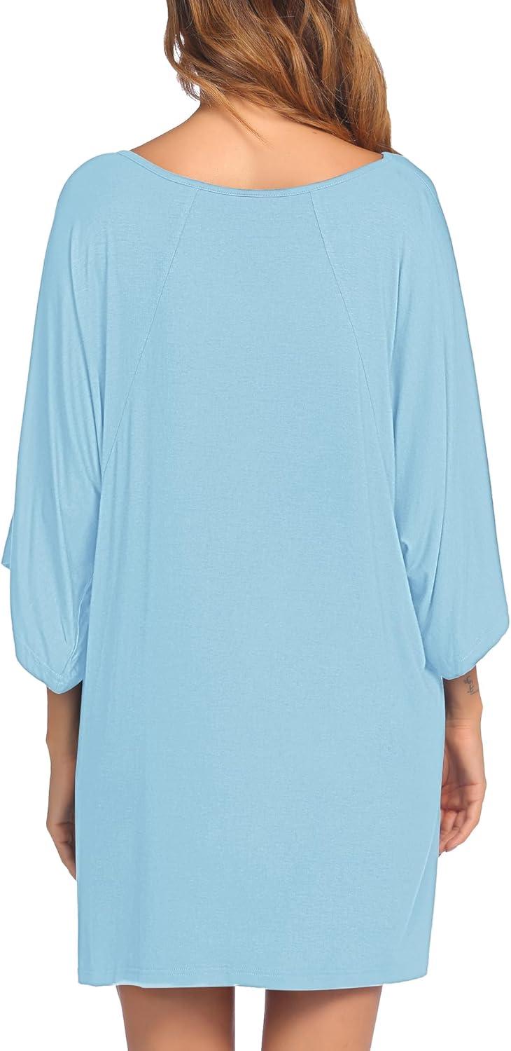 imageEkouaer Womens Sleepshirt Deep V Neck Nightgown Batwing Nightshirt Oversized SleepwearLight Blue
