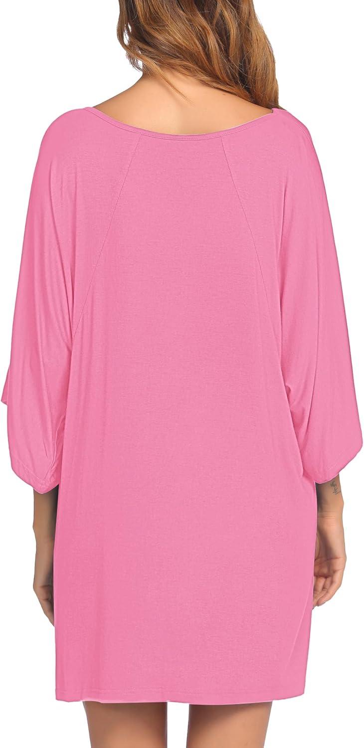 imageEkouaer Womens Sleepshirt Deep V Neck Nightgown Batwing Nightshirt Oversized SleepwearLight Pink