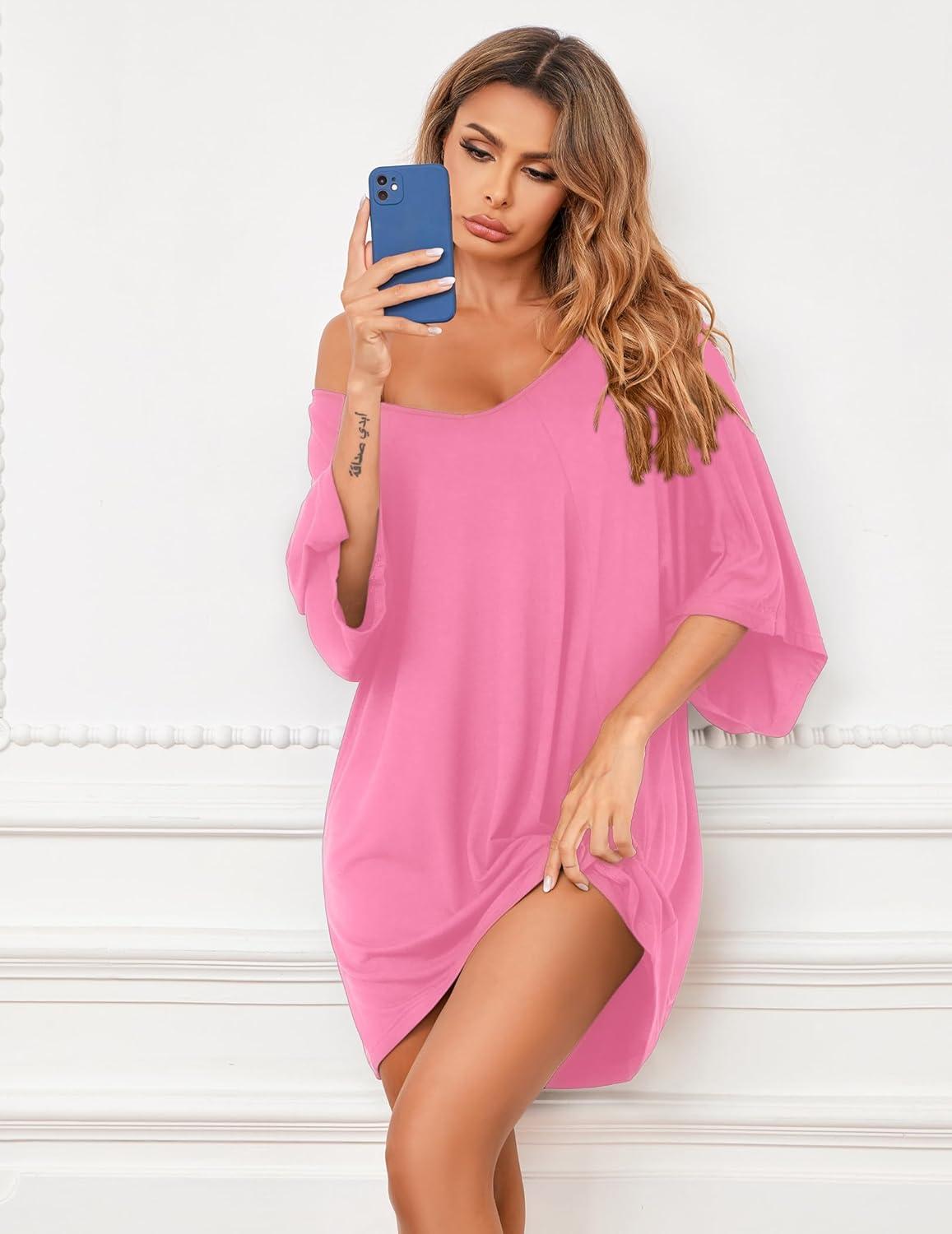 imageEkouaer Womens Sleepshirt Deep V Neck Nightgown Batwing Nightshirt Oversized SleepwearLight Pink
