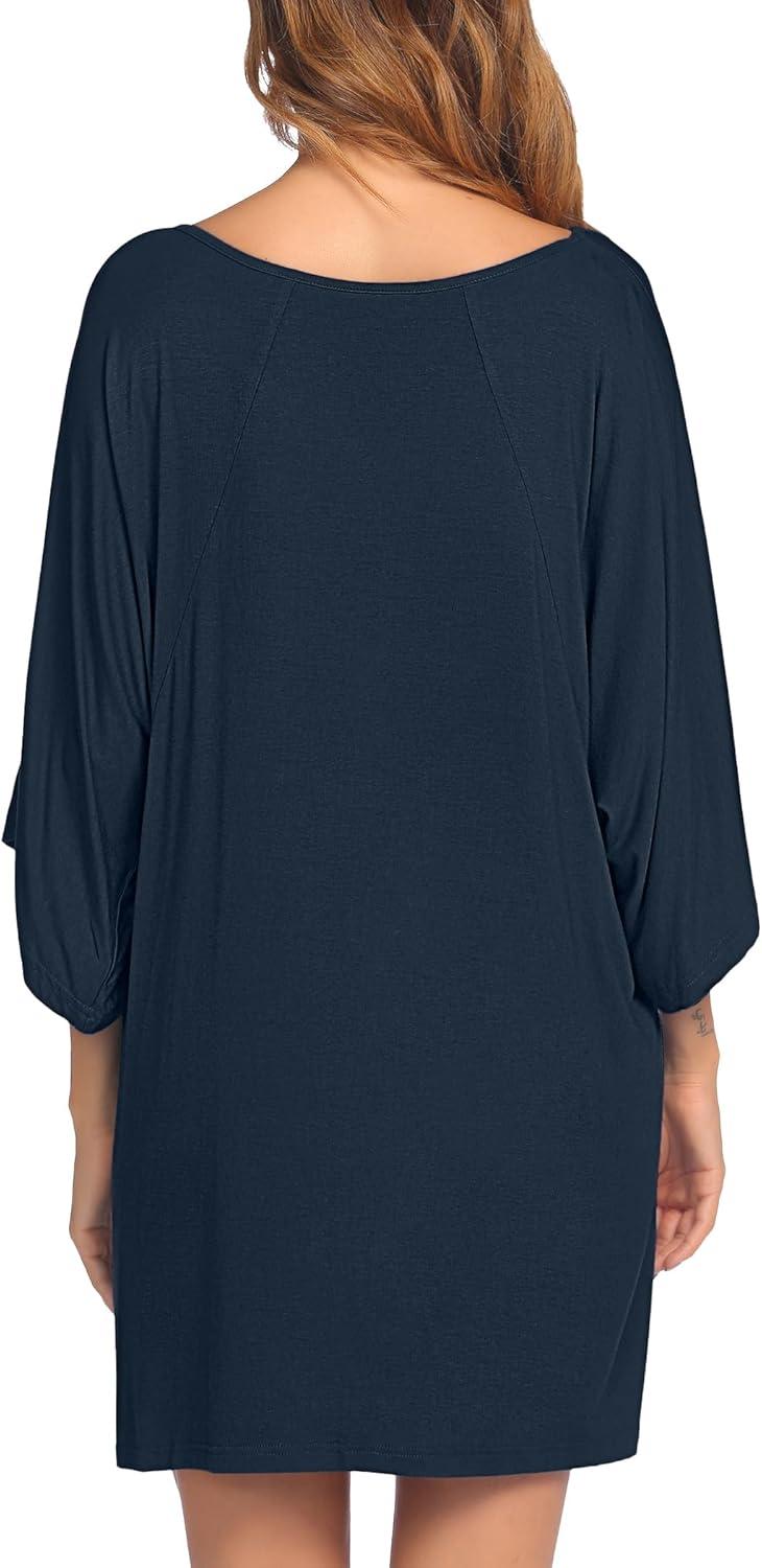 imageEkouaer Womens Sleepshirt Deep V Neck Nightgown Batwing Nightshirt Oversized SleepwearNavy