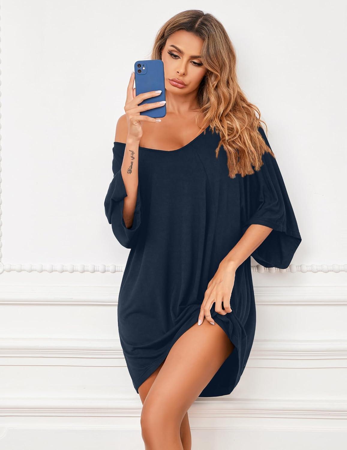 imageEkouaer Womens Sleepshirt Deep V Neck Nightgown Batwing Nightshirt Oversized SleepwearNavy