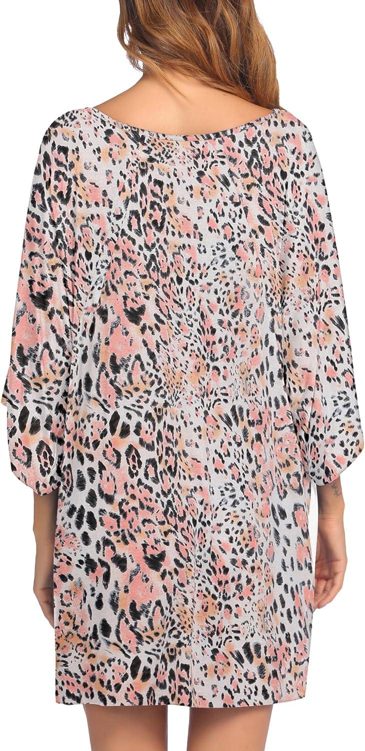 imageEkouaer Womens Sleepshirt Deep V Neck Nightgown Batwing Nightshirt Oversized SleepwearPink Leopard