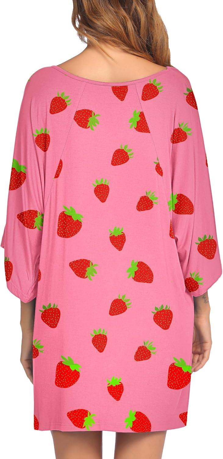 imageEkouaer Womens Sleepshirt Deep V Neck Nightgown Batwing Nightshirt Oversized SleepwearPink Strawberry