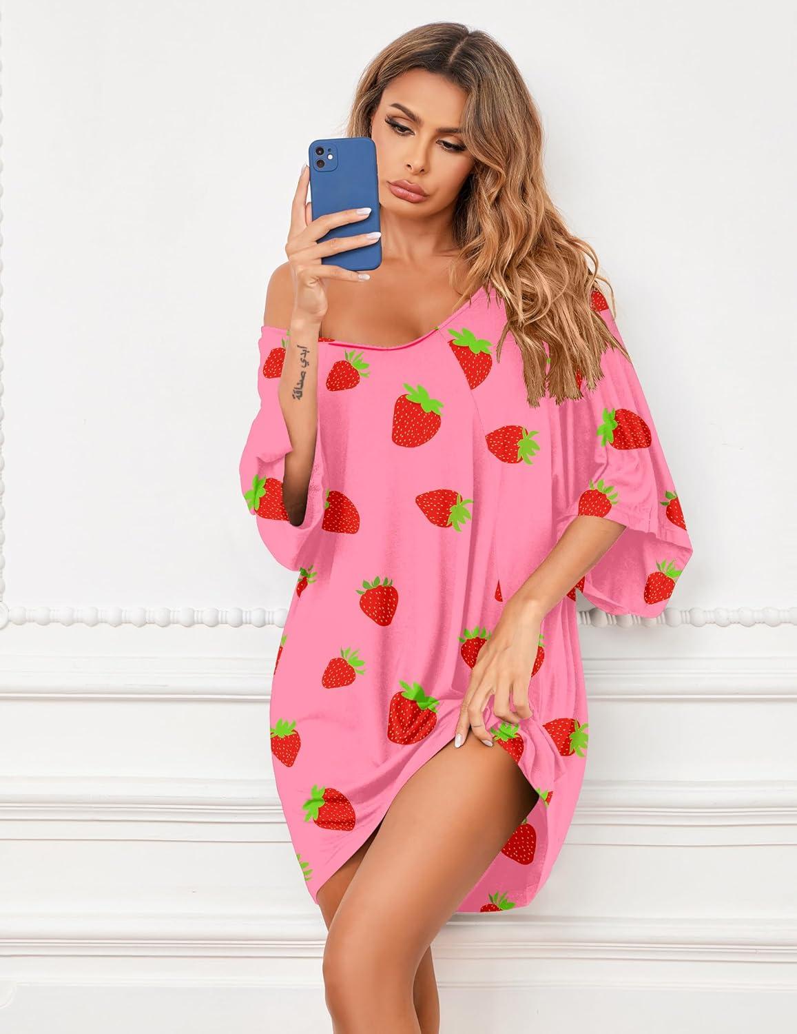 imageEkouaer Womens Sleepshirt Deep V Neck Nightgown Batwing Nightshirt Oversized SleepwearPink Strawberry