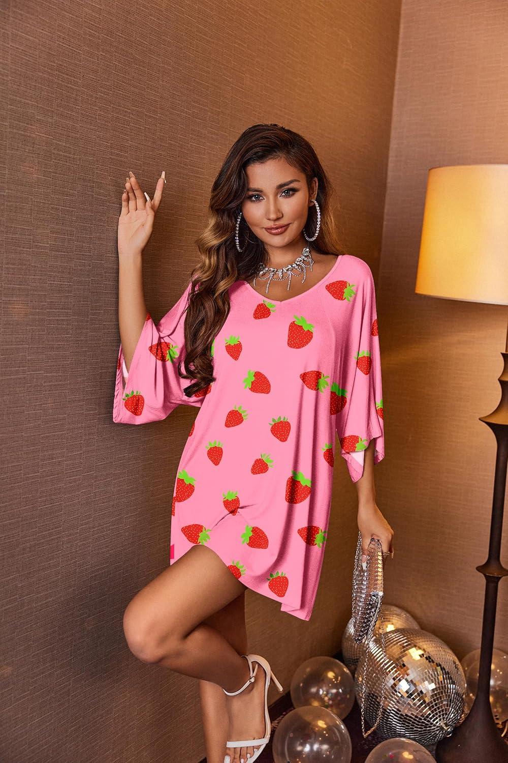 imageEkouaer Womens Sleepshirt Deep V Neck Nightgown Batwing Nightshirt Oversized SleepwearPink Strawberry