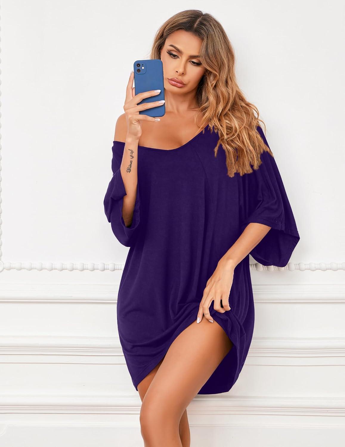 imageEkouaer Womens Sleepshirt Deep V Neck Nightgown Batwing Nightshirt Oversized SleepwearPurple