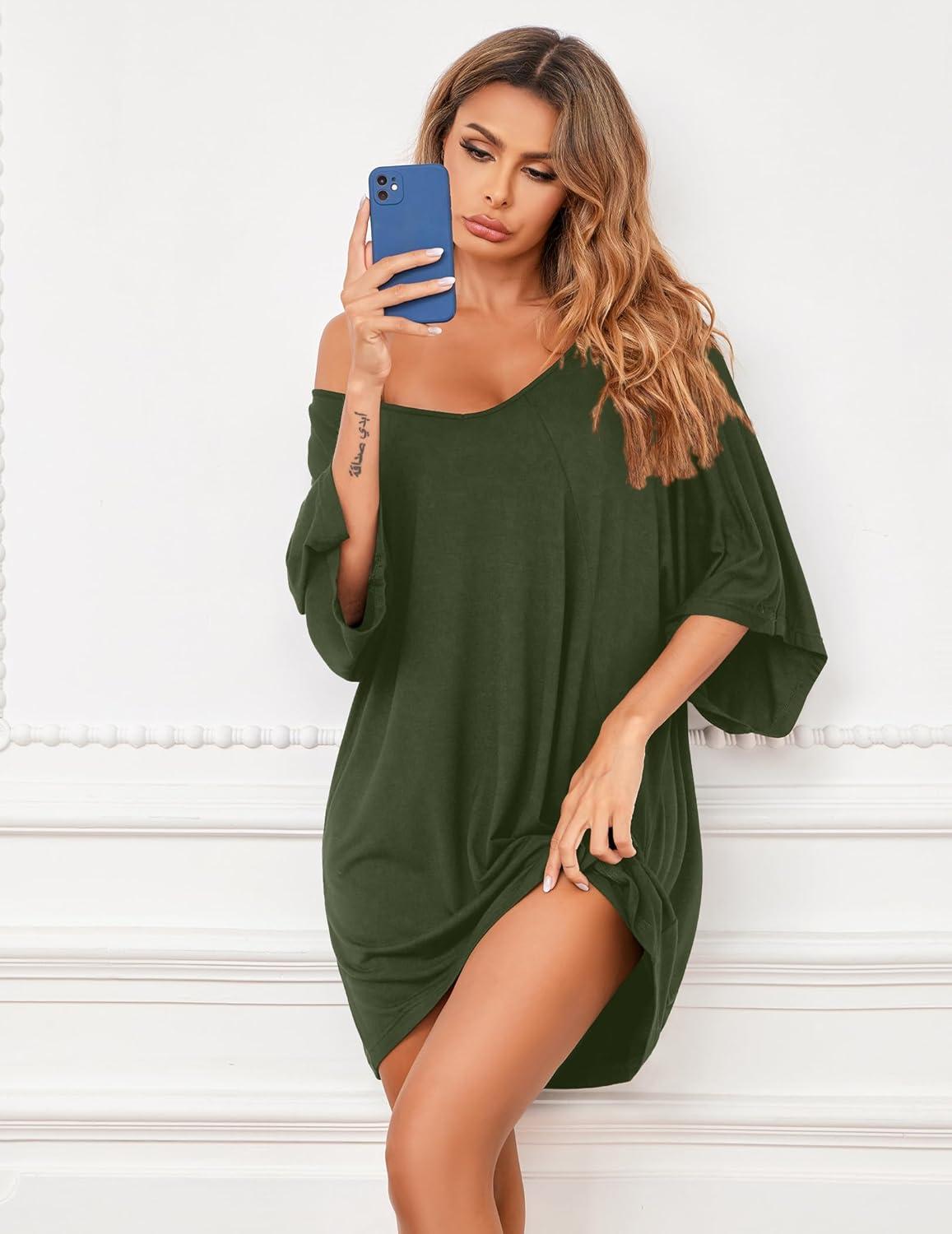 imageEkouaer Womens Sleepshirt Deep V Neck Nightgown Batwing Nightshirt Oversized SleepwearZarmy Green