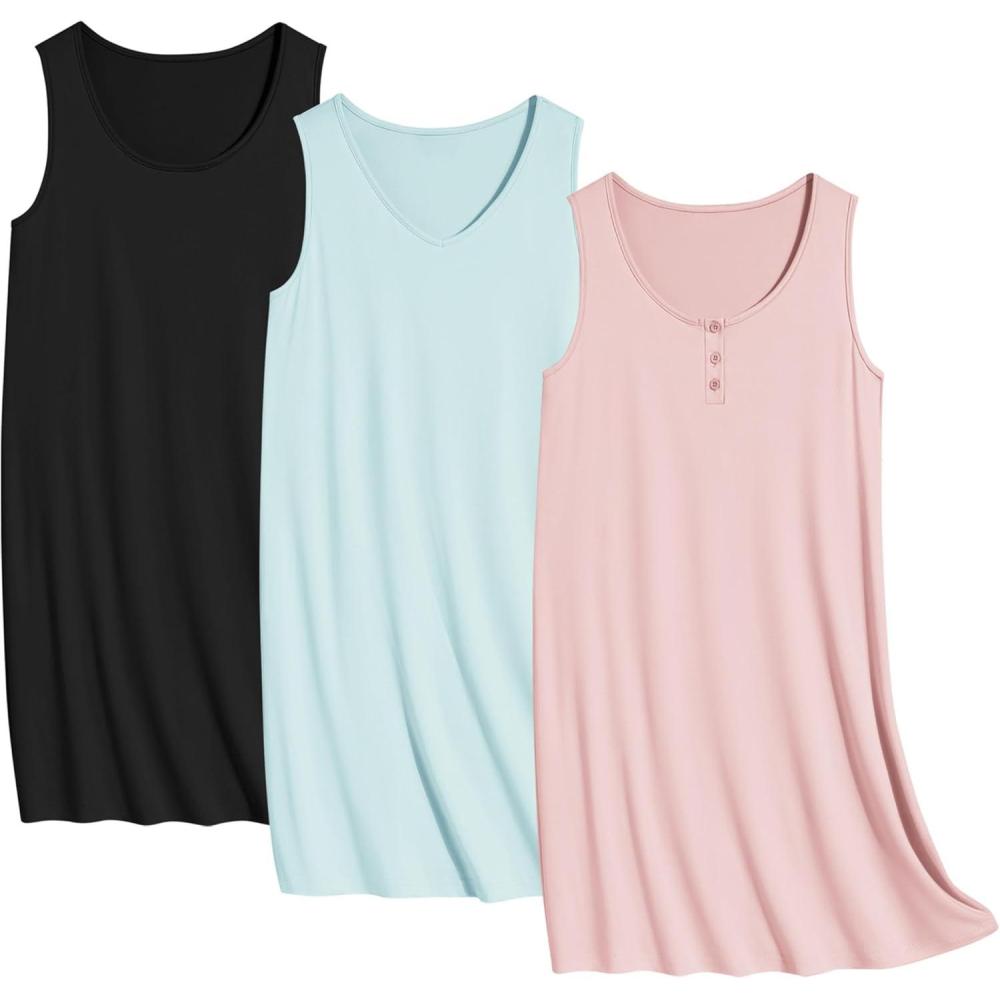 imageEkouaer 3 Pack Nightgowns for Women Sleeveless Sleepwear Button Down Nightshirt Wide Strap Tank Sleep Shirt S3XLBlacklight Bluepink