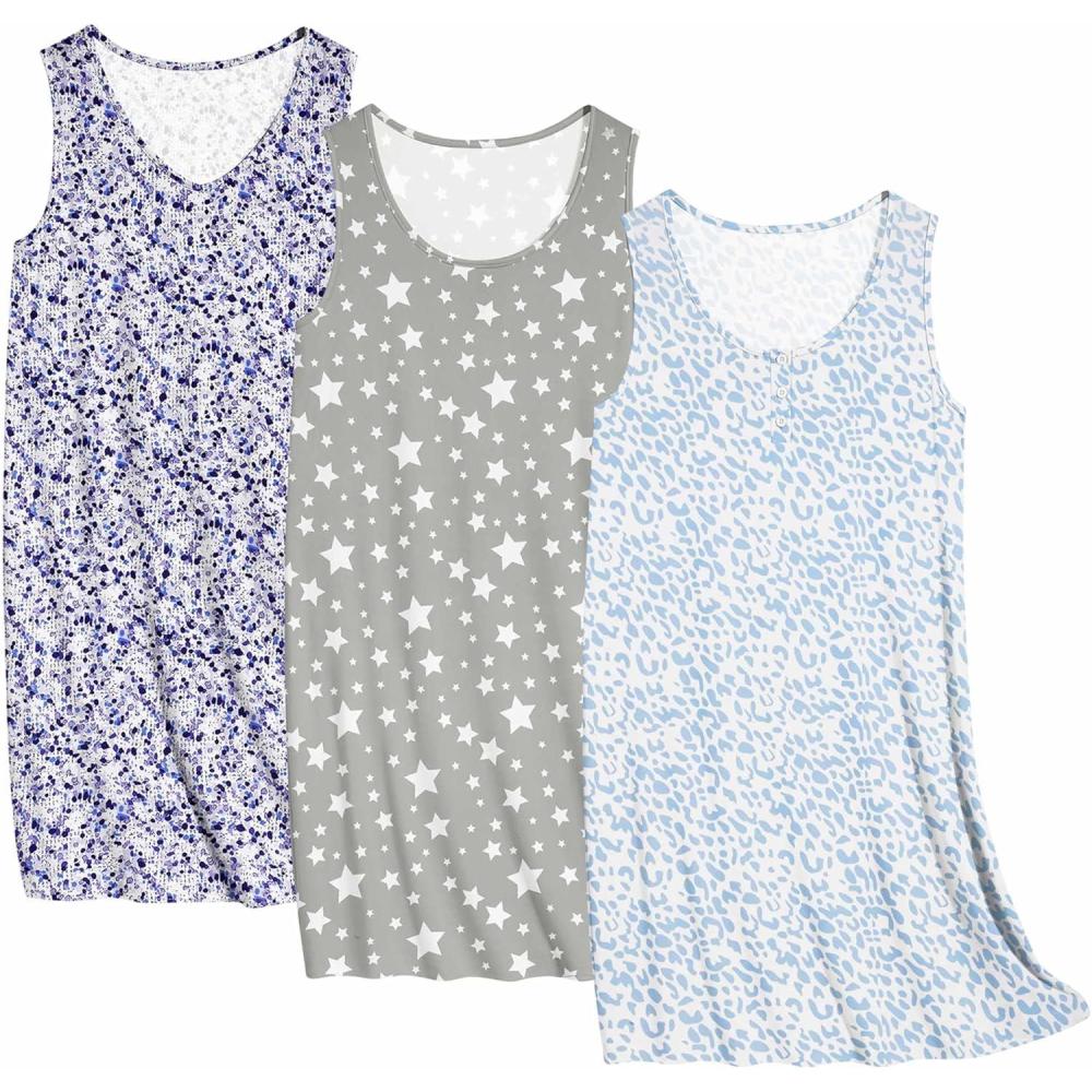 imageEkouaer 3 Pack Nightgowns for Women Sleeveless Sleepwear Button Down Nightshirt Wide Strap Tank Sleep Shirt S3XLBlue Leopardpurple Printpentagram