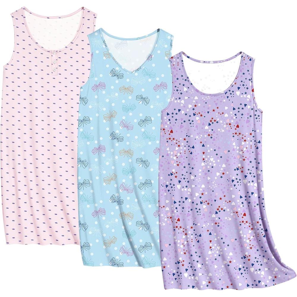 imageEkouaer 3 Pack Nightgowns for Women Sleeveless Sleepwear Button Down Nightshirt Wide Strap Tank Sleep Shirt S3XLButterflyheartspink Print