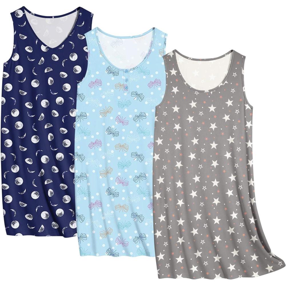 imageEkouaer 3 Pack Nightgowns for Women Sleeveless Sleepwear Button Down Nightshirt Wide Strap Tank Sleep Shirt S3XLButterflynavy Moongrey Star