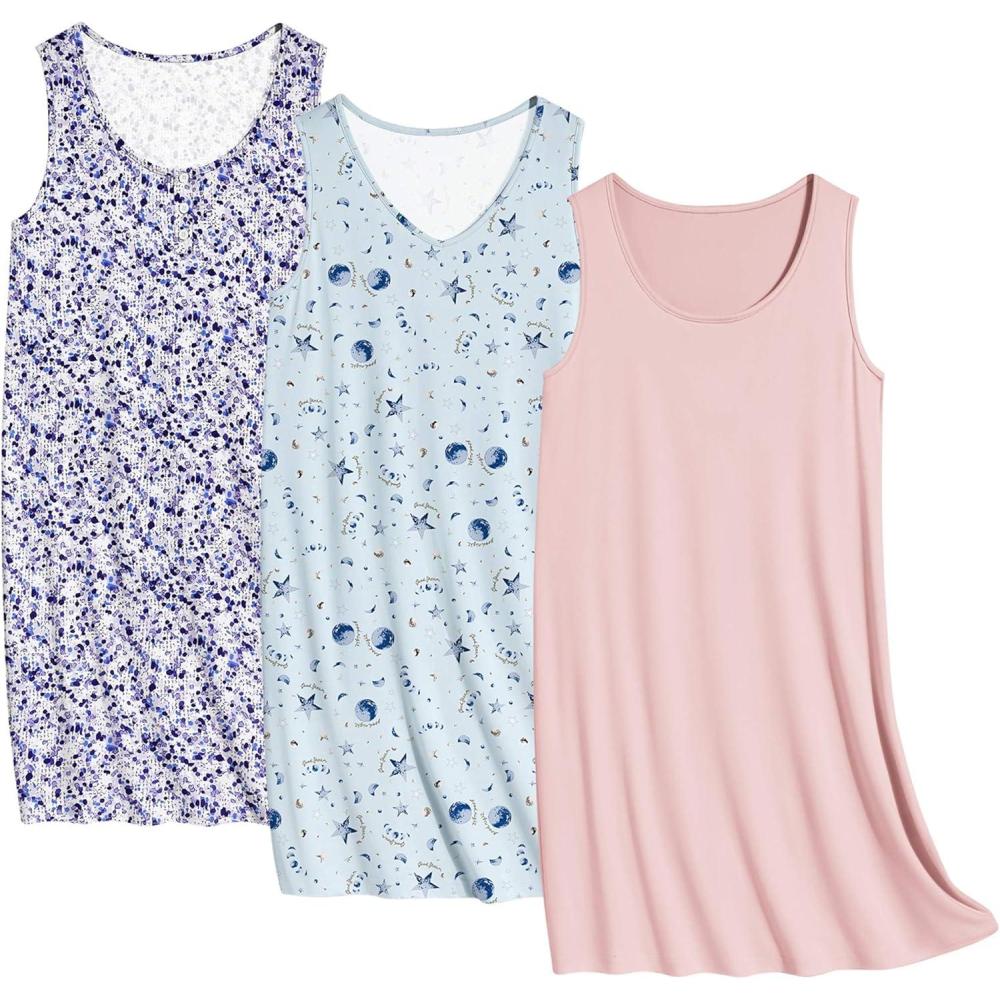 imageEkouaer 3 Pack Nightgowns for Women Sleeveless Sleepwear Button Down Nightshirt Wide Strap Tank Sleep Shirt S3XLPlanetpurple Printpink