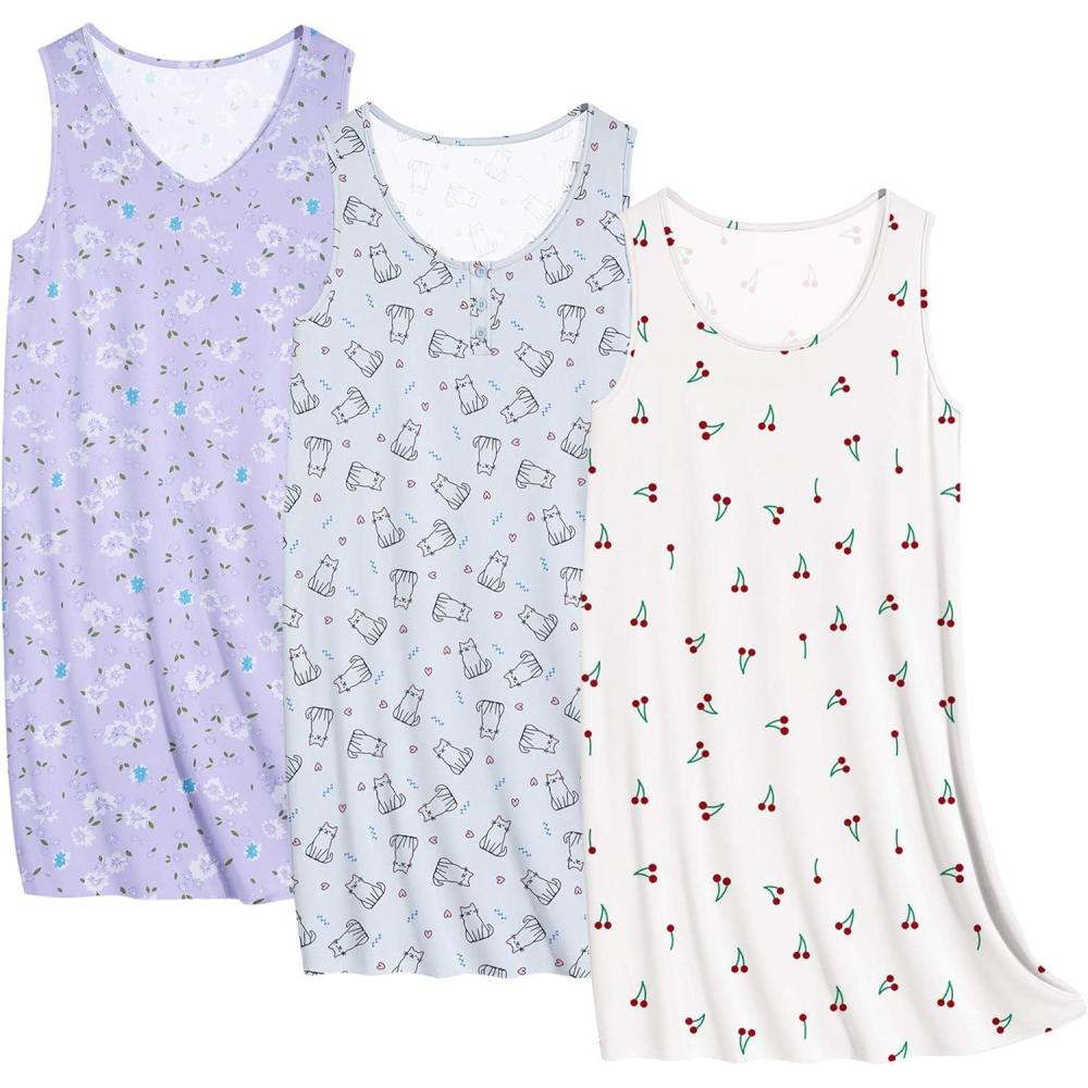 imageEkouaer 3 Pack Nightgowns for Women Sleeveless Sleepwear Button Down Nightshirt Wide Strap Tank Sleep Shirt S3XLPurple Floralcatcherry