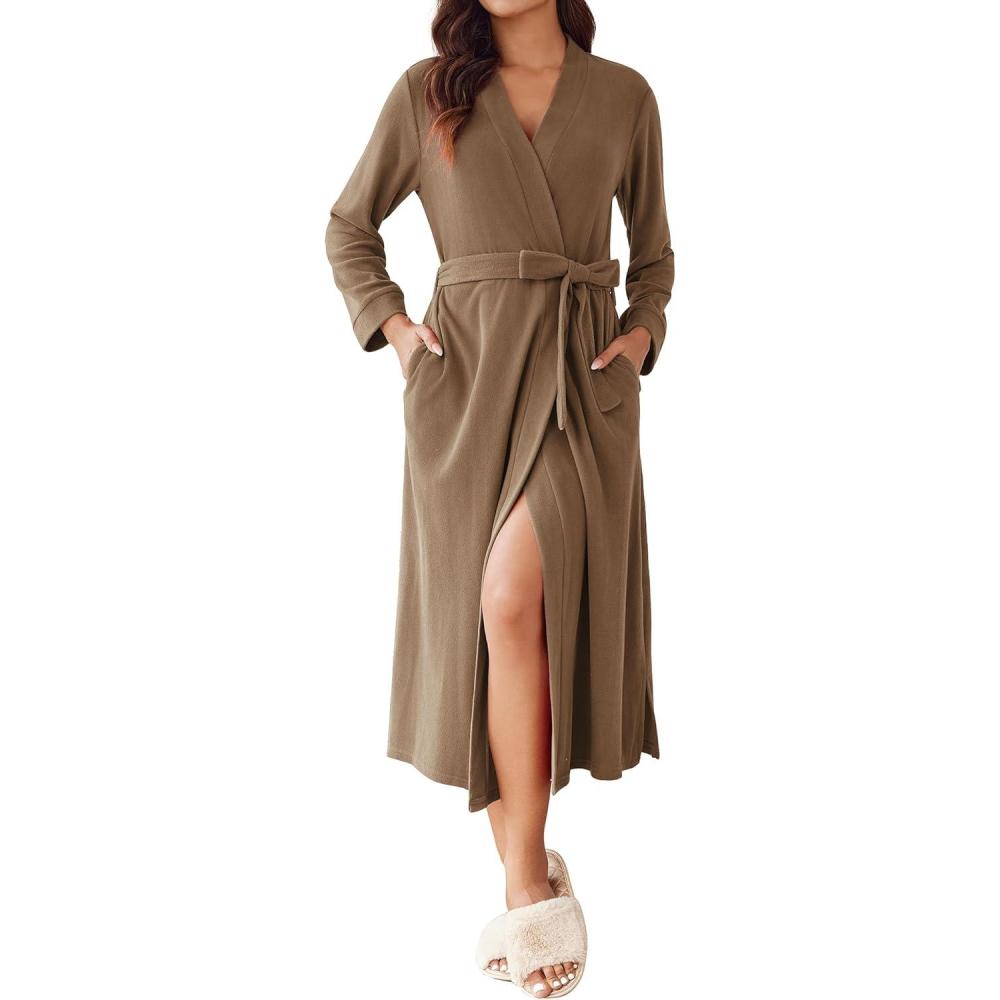 imageEkouaer Fleece Robes for Women Plush Knit Bathrobes Lightweight Spa Housecoats with Pocket Soft Ladies Loungewear SXXLBrown