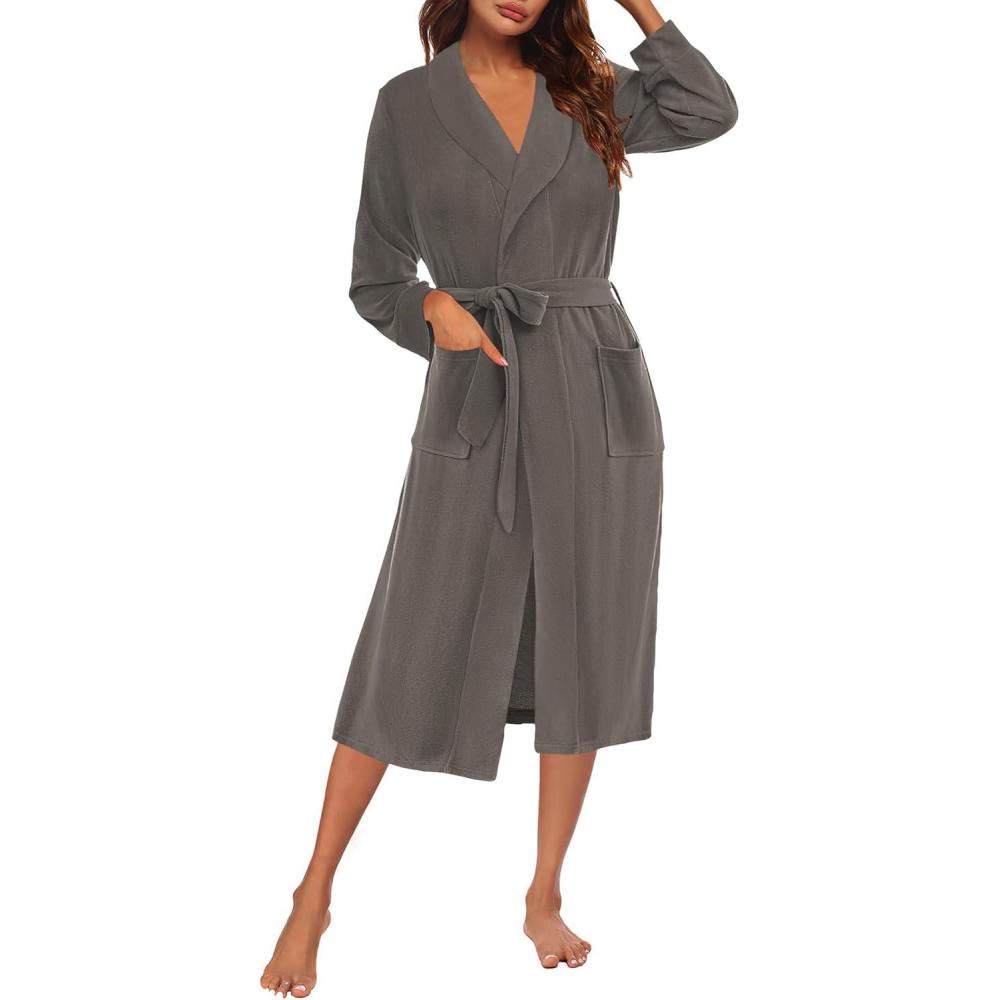 imageEkouaer Fleece Robes for Women Plush Knit Bathrobes Lightweight Spa Housecoats with Pocket Soft Ladies Loungewear SXXLDark Greylapel
