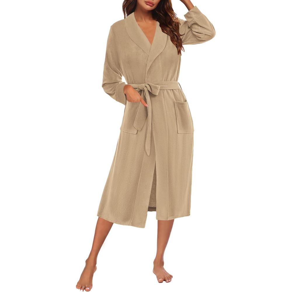 imageEkouaer Fleece Robes for Women Plush Knit Bathrobes Lightweight Spa Housecoats with Pocket Soft Ladies Loungewear SXXLKhakilapel