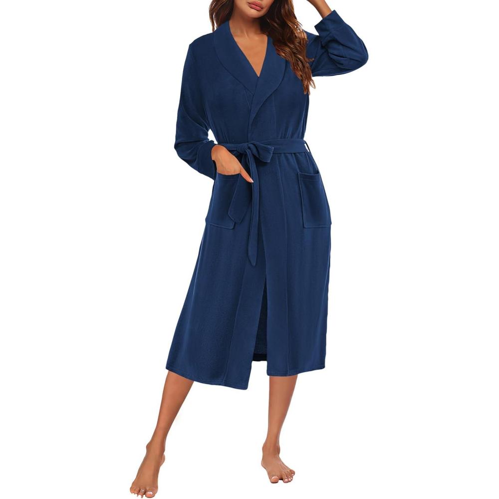 imageEkouaer Fleece Robes for Women Plush Knit Bathrobes Lightweight Spa Housecoats with Pocket Soft Ladies Loungewear SXXLNavy Bluelapel