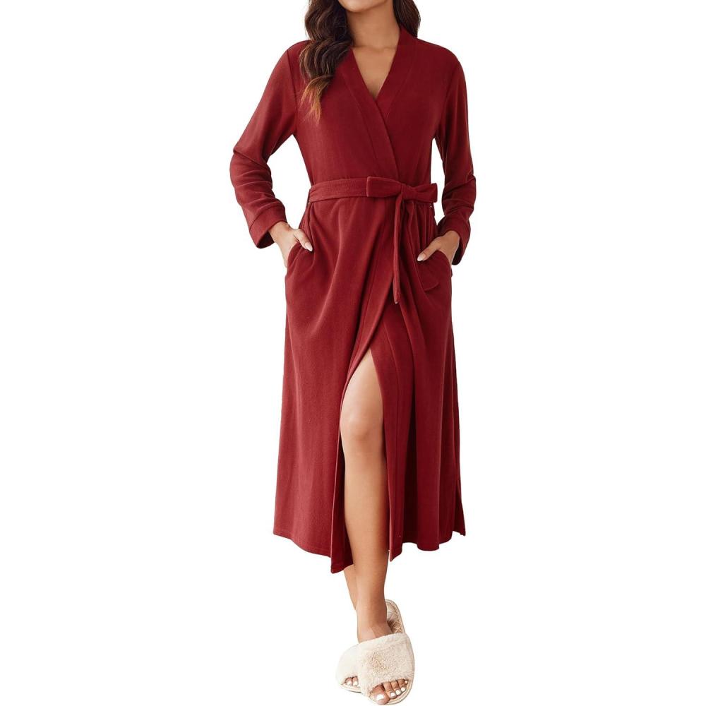 imageEkouaer Fleece Robes for Women Plush Knit Bathrobes Lightweight Spa Housecoats with Pocket Soft Ladies Loungewear SXXLWine Red