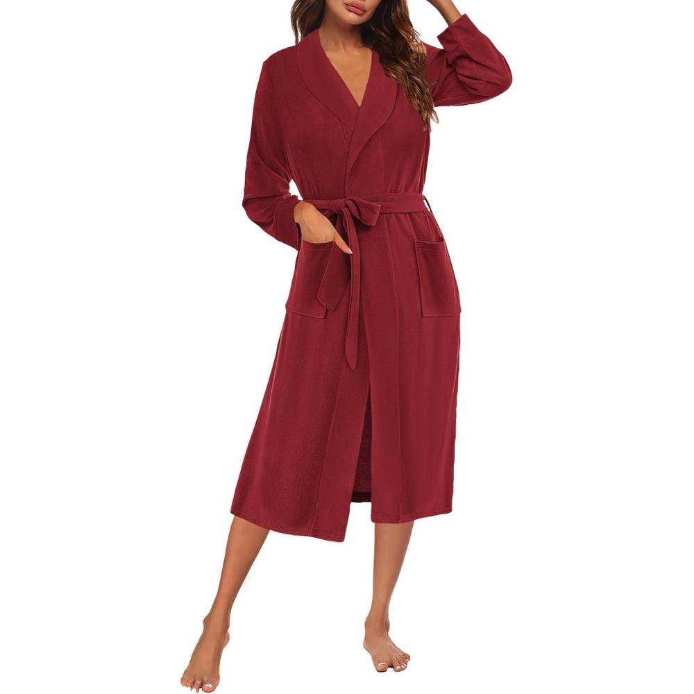 imageEkouaer Fleece Robes for Women Plush Knit Bathrobes Lightweight Spa Housecoats with Pocket Soft Ladies Loungewear SXXLWine Redlapel