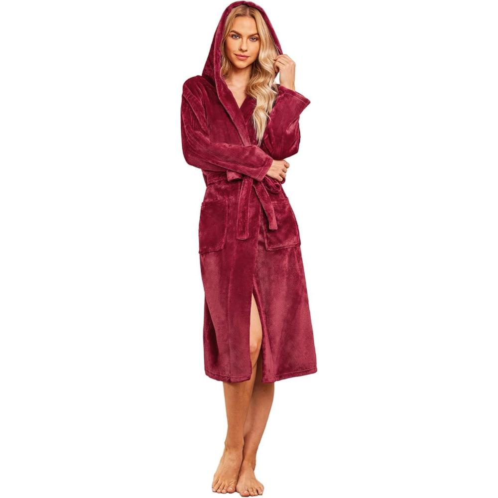 imageEkouaer Fleece Robes for Women with Hooded Warm Soft Cozy Long Plush Bathrobe SXXLBwine Red