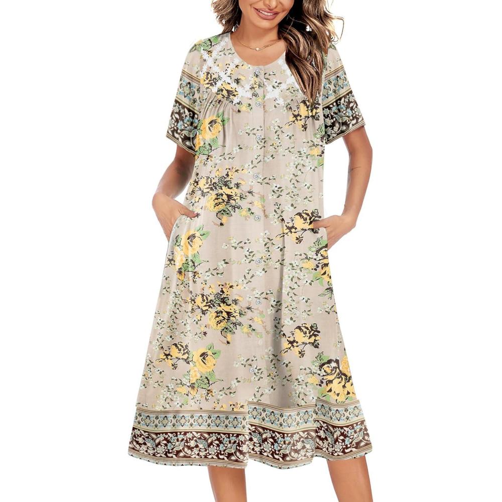 imageEkouaer House Dress for Women Button Down Nightgown Short Sleeve Housecoat with pockets S4XLBeige Flower