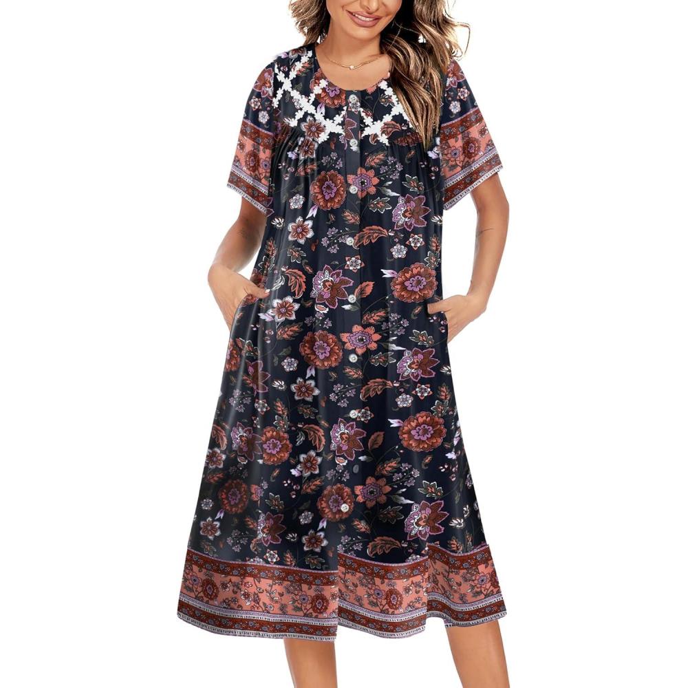 imageEkouaer House Dress for Women Button Down Nightgown Short Sleeve Housecoat with pockets S4XLBlack Flower