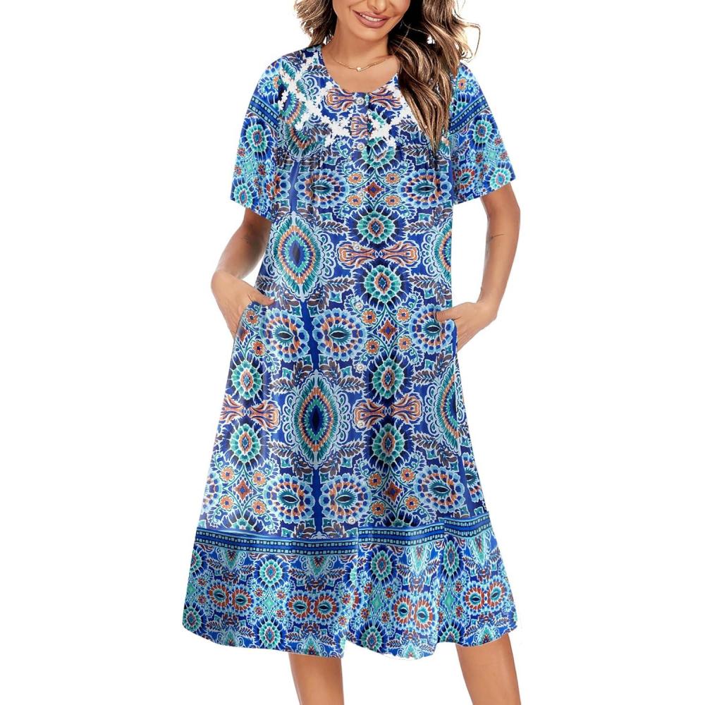 imageEkouaer House Dress for Women Button Down Nightgown Short Sleeve Housecoat with pockets S4XLBlue Flower