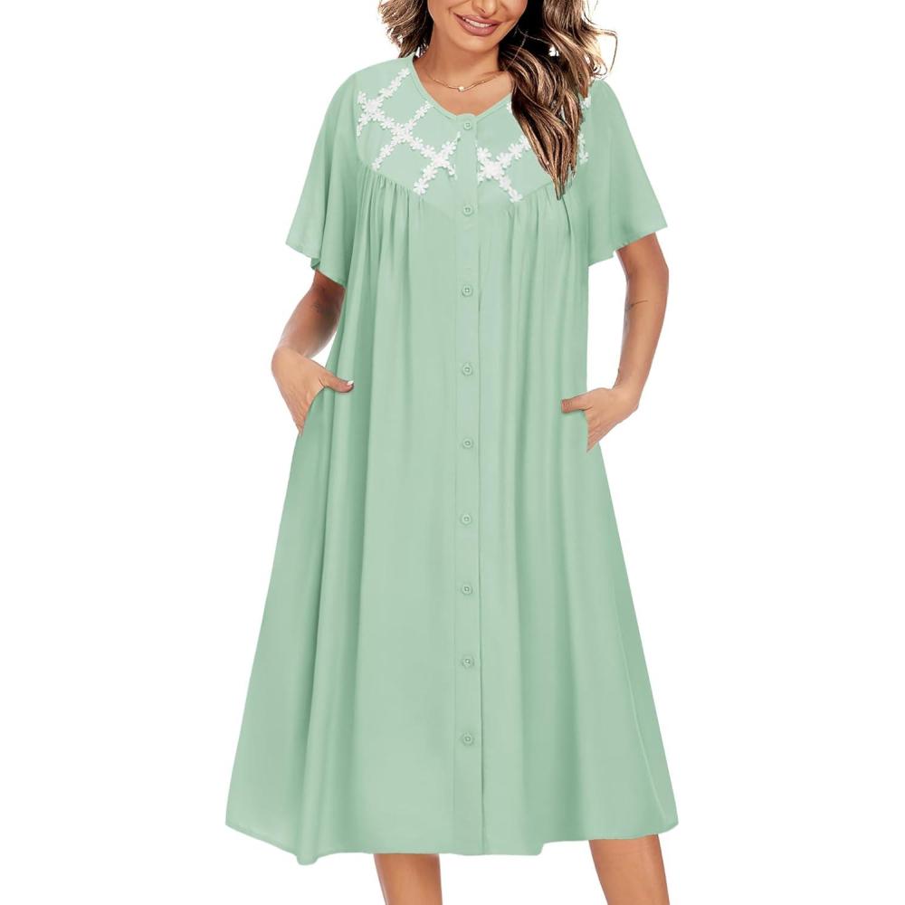 imageEkouaer House Dress for Women Button Down Nightgown Short Sleeve Housecoat with pockets S4XLGreen