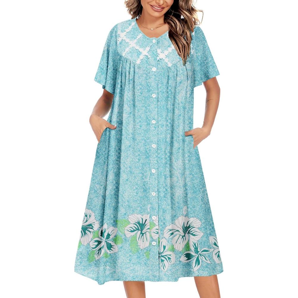 imageEkouaer House Dress for Women Button Down Nightgown Short Sleeve Housecoat with pockets S4XLGreen Flower