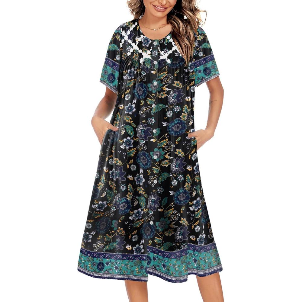 imageEkouaer House Dress for Women Button Down Nightgown Short Sleeve Housecoat with pockets S4XLNavy Blue Flower