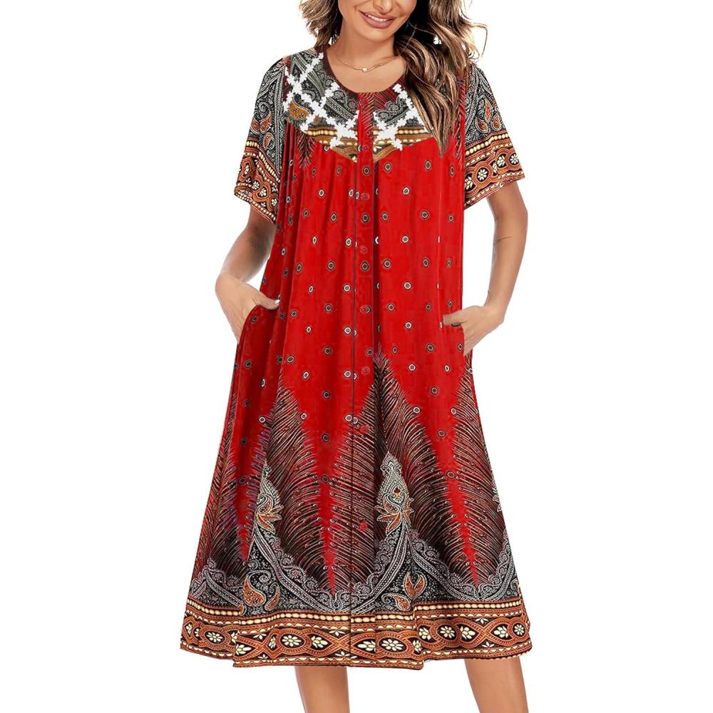 imageEkouaer House Dress for Women Button Down Nightgown Short Sleeve Housecoat with pockets S4XLRed Ethnic Print