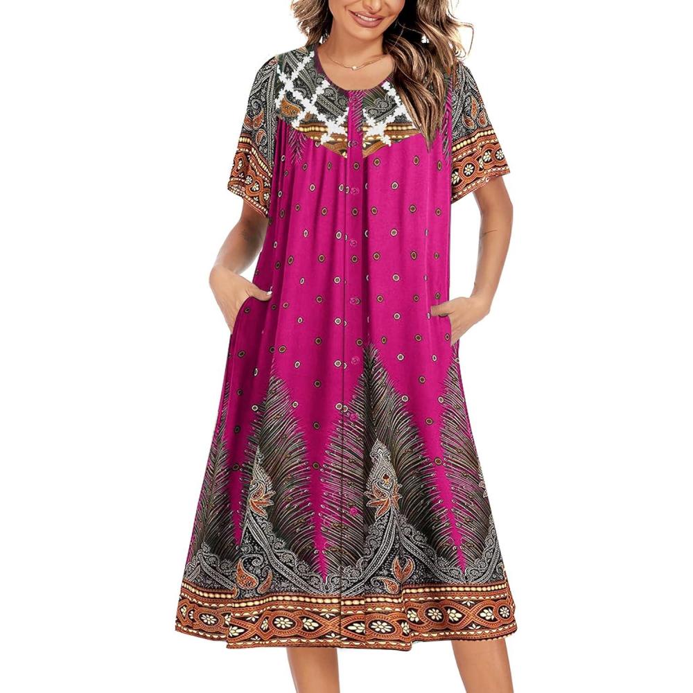 imageEkouaer House Dress for Women Button Down Nightgown Short Sleeve Housecoat with pockets S4XLRose Red Ethnic Print
