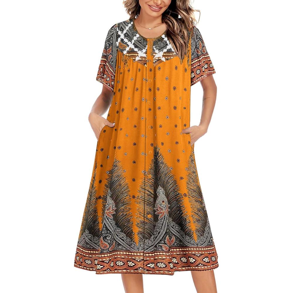 imageEkouaer House Dress for Women Button Down Nightgown Short Sleeve Housecoat with pockets S4XLYellow Ethnic Print