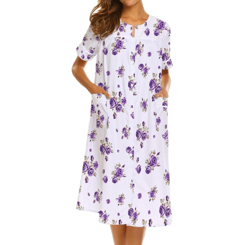imageEkouaer House Dress for Women with Pockets Button Down Duster Housecoat Short Sleeve Mumu Nightgown SXXXLWhite Flower