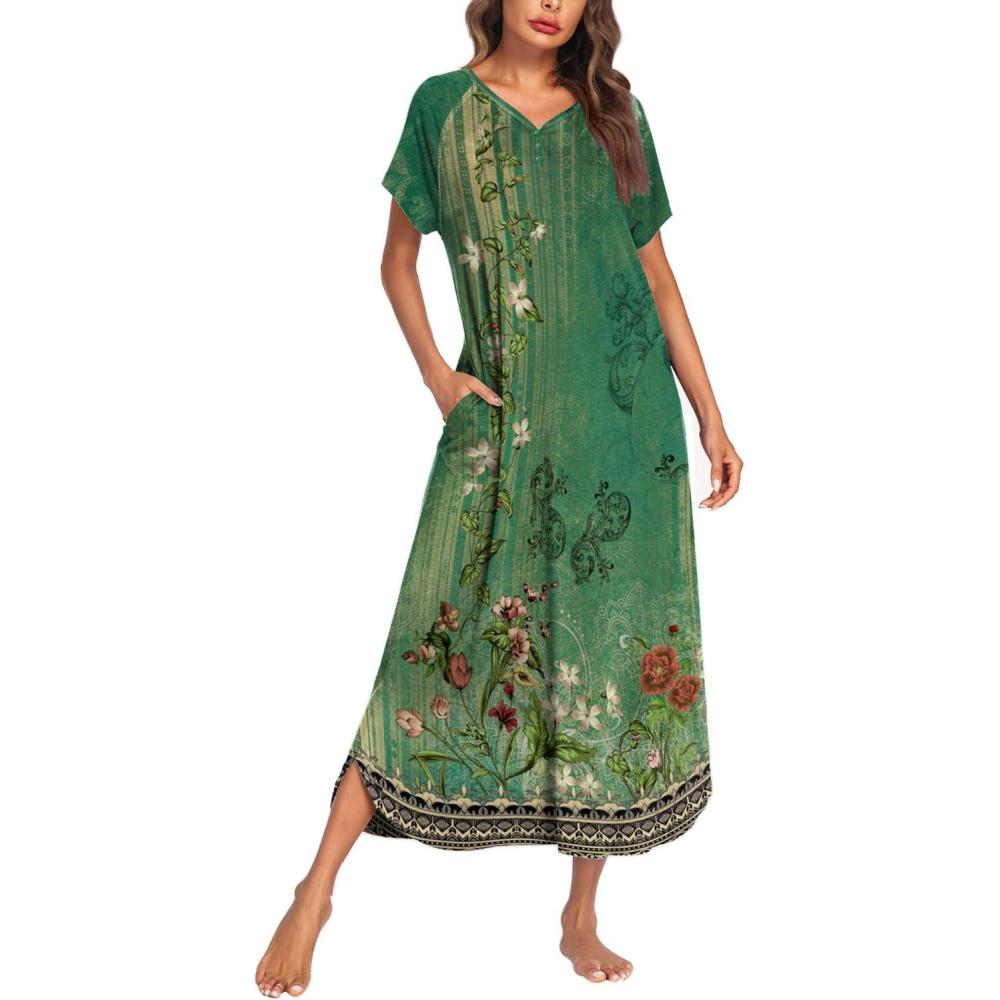 imageEkouaer Long Nightgown Womens Loungewear Short Sleeve Sleepwear Full Length Sleep Shirt with PocketsGreen Ethnic Style