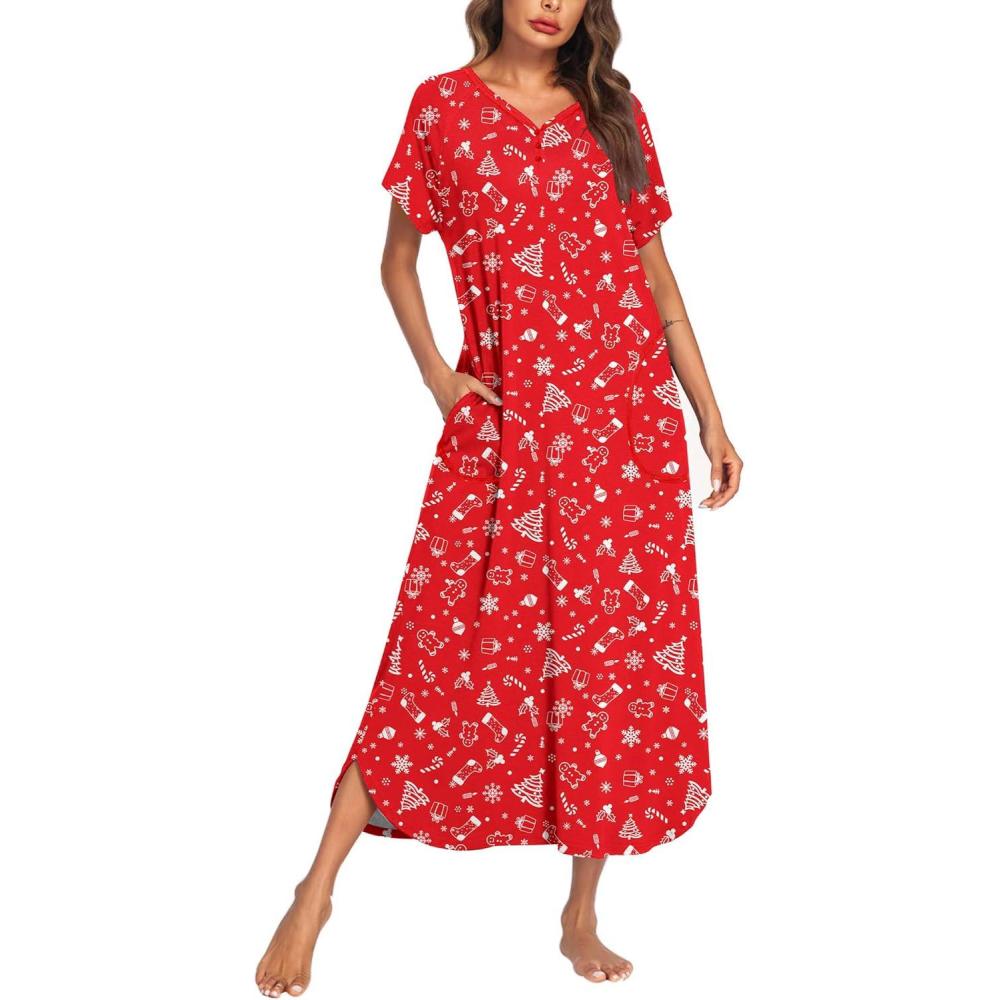 imageEkouaer Long Nightgown Womens Loungewear Short Sleeve Sleepwear Full Length Sleep Shirt with PocketsRed Christmas Tree