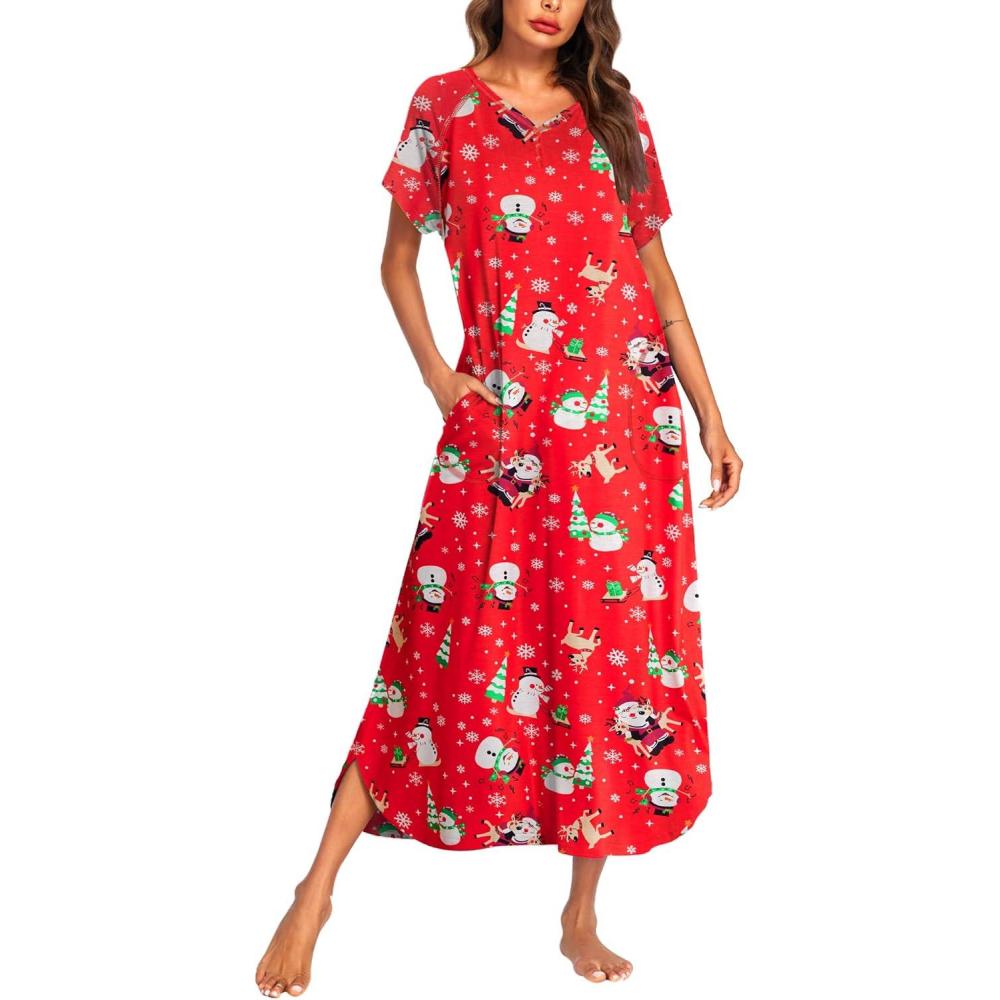 imageEkouaer Long Nightgown Womens Loungewear Short Sleeve Sleepwear Full Length Sleep Shirt with PocketsRed Snowman