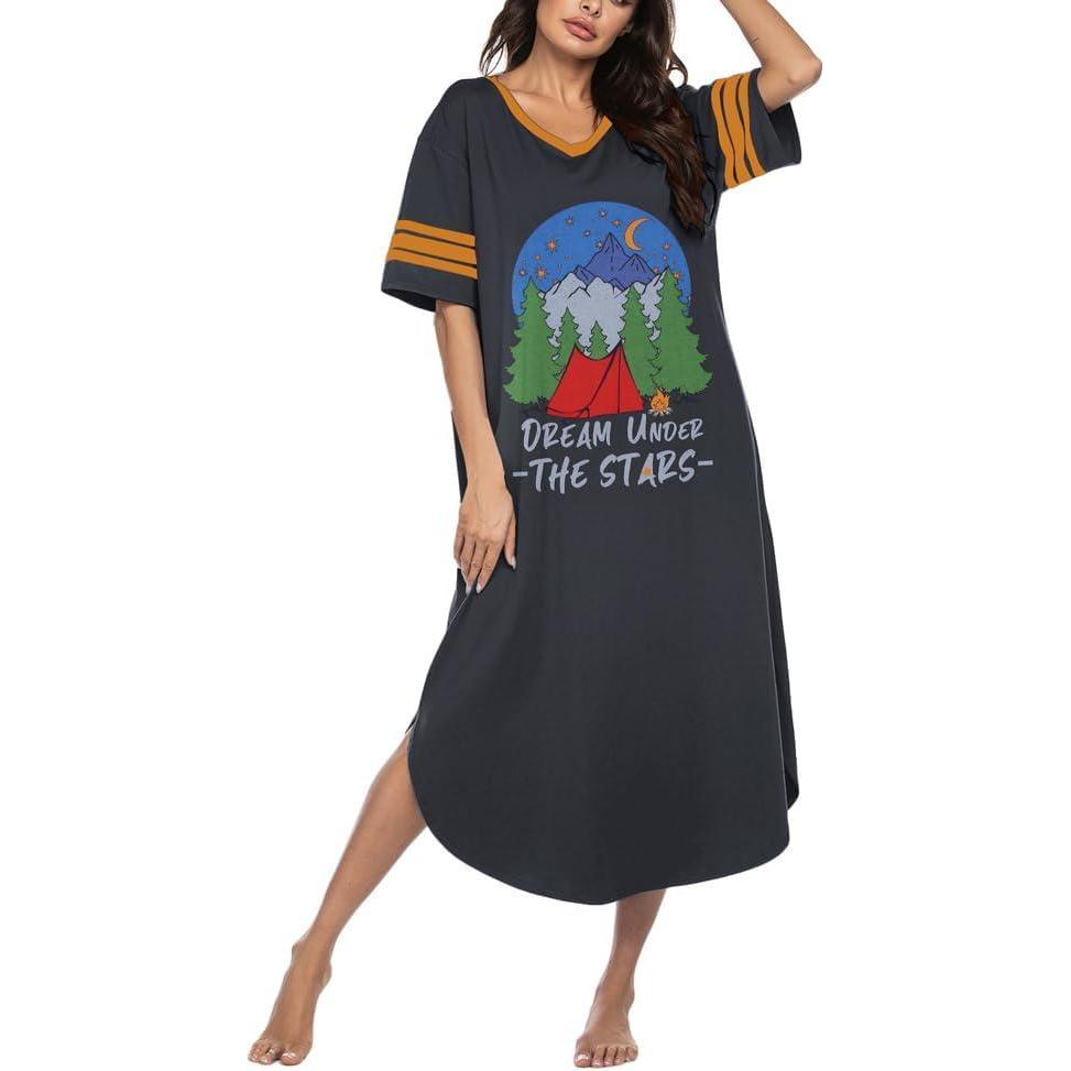 imageEkouaer Long Nightgown Womens V Neck Loungewear Oversized Sleepwear Loose Sleep Dress S4XLBlack Forest
