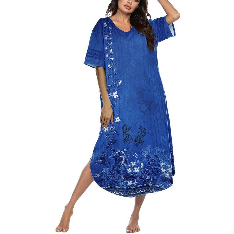imageEkouaer Long Nightgown Womens V Neck Loungewear Oversized Sleepwear Loose Sleep Dress S4XLBlue Ethnic Style