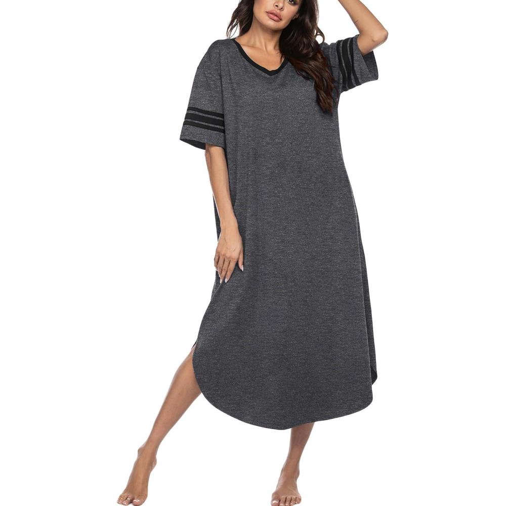 imageEkouaer Long Nightgown Womens V Neck Loungewear Oversized Sleepwear Loose Sleep Dress S4XLDark Grey