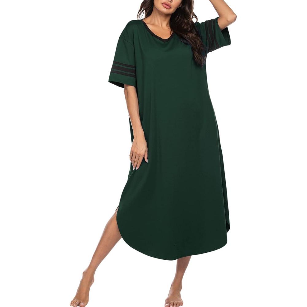 imageEkouaer Long Nightgown Womens V Neck Loungewear Oversized Sleepwear Loose Sleep Dress S4XLGreen