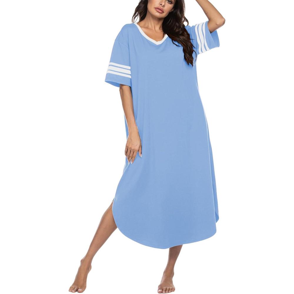 imageEkouaer Long Nightgown Womens V Neck Loungewear Oversized Sleepwear Loose Sleep Dress S4XLLight Blue