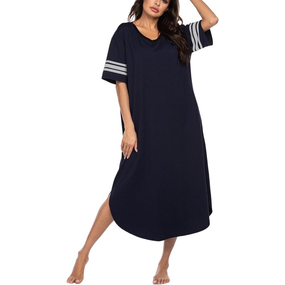 imageEkouaer Long Nightgown Womens V Neck Loungewear Oversized Sleepwear Loose Sleep Dress S4XLNavy Blue